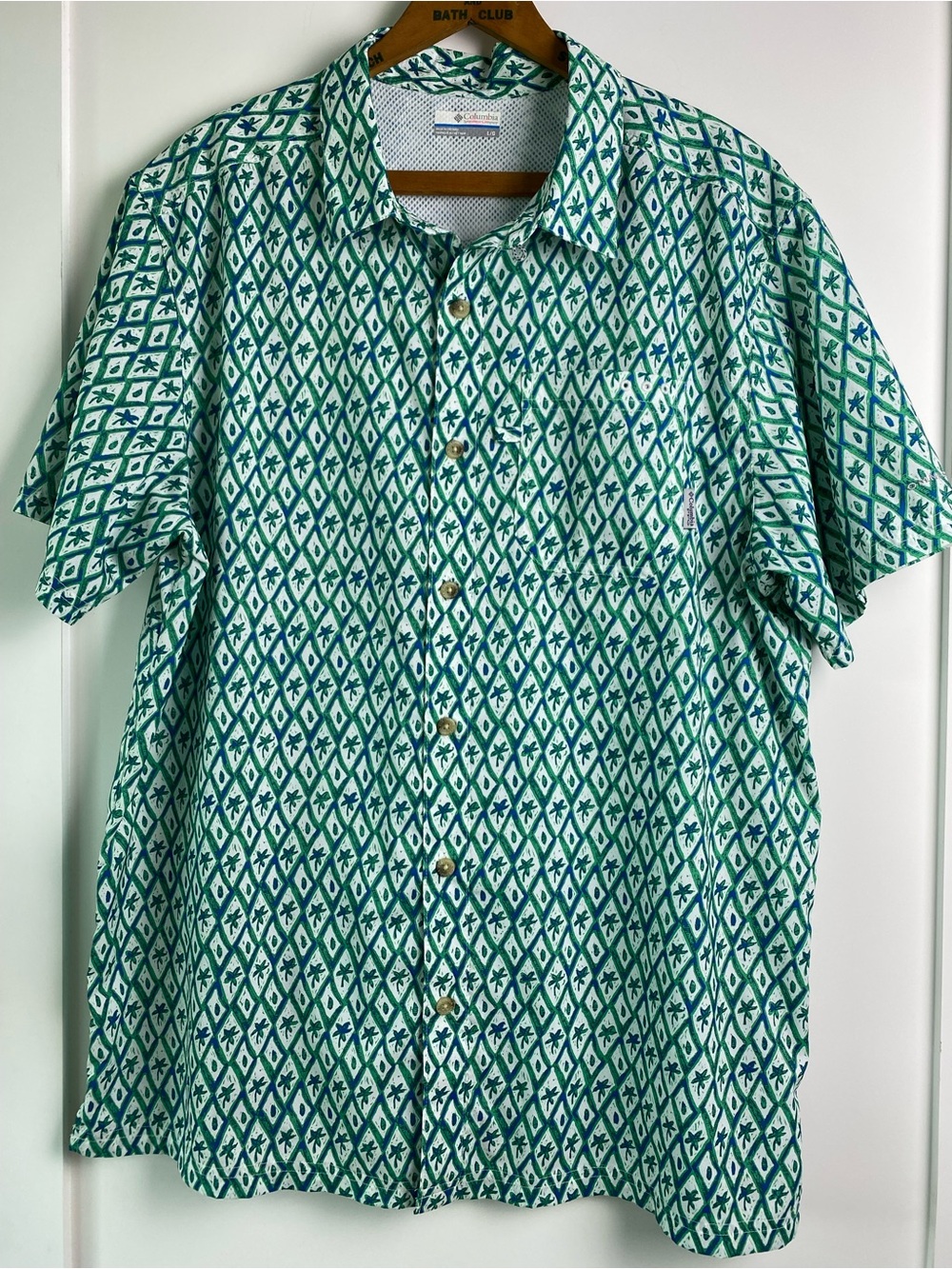 Columbia Green and Teal Diamond-Print Palm Short Sleeve Button-Down Shirt